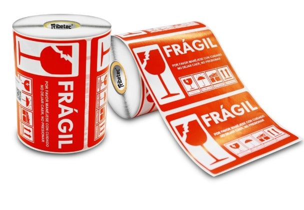 500 Etiquetas Fragil de Cuidado Autoadherible (102x76 mm), Diferentes leyendas en la etiqueta, Rollo C/ 500 Etiquetas
