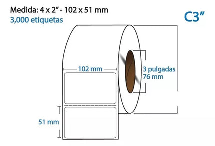 Etiqueta Transferencia Térmica, 102X51, 3000 piezas x rollo C3