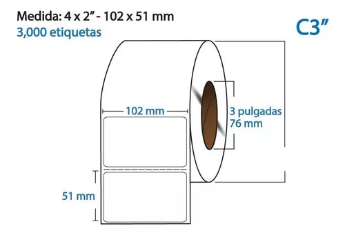 Etiqueta Transferencia Térmica, 102X51, 3000 piezas x rollo C3