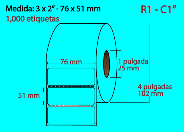Etiqueta Transferencia Térmica blanca core1 1000PZS X ROLLO C1 76X51(3X2) pulgadas