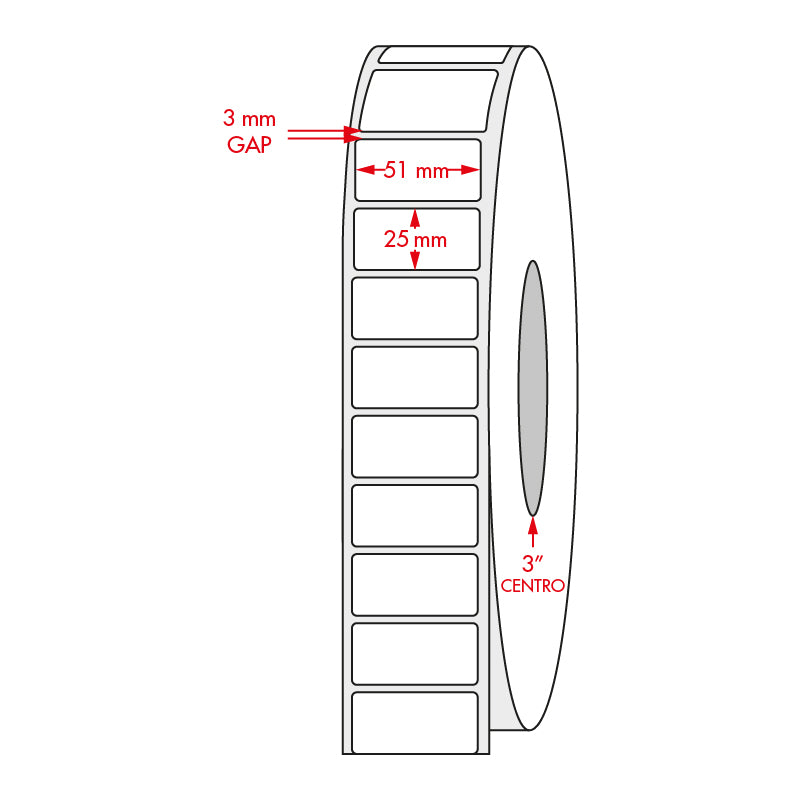Etiqueta BOPP blanca plastificada, 51X25 core 3 pulgadas, 3000 piezas x rollo
