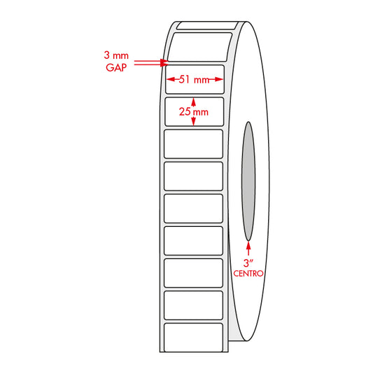 Etiqueta BOPP blanca plastificada, 51X25 core 3 pulgadas, 3000 piezas x rollo