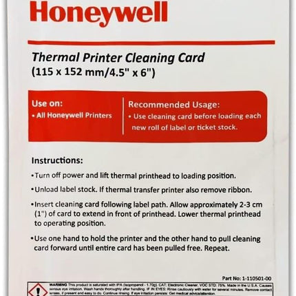 CAJA 25PZS CON TARJETA DE LIMPIEZA 115X152 HONEYWELL THERMAL PRINTER CLEANING CARD 1-110501-00