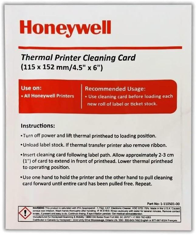 CAJA 25PZS CON TARJETA DE LIMPIEZA 115X152 HONEYWELL THERMAL PRINTER CLEANING CARD 1-110501-00