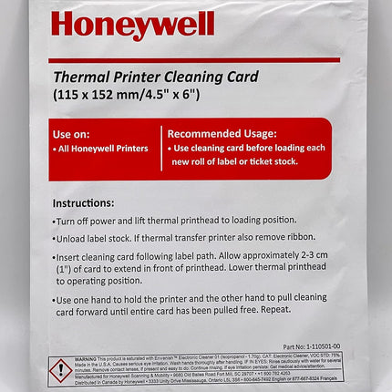 CAJA 25PZS CON TARJETA DE LIMPIEZA 115X152 HONEYWELL THERMAL PRINTER CLEANING CARD 1-110501-00