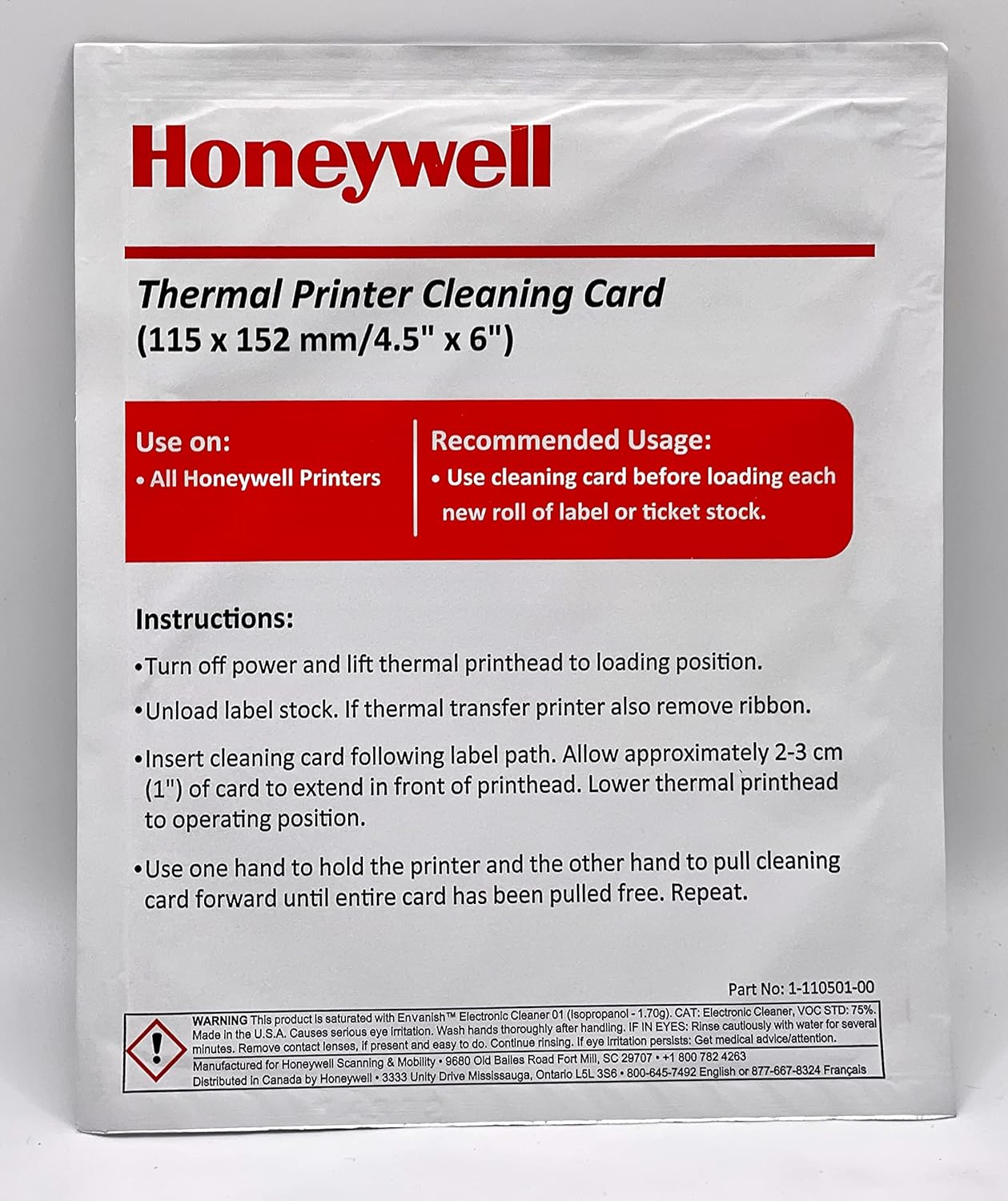 TARJETA DE LIMPIEZA 115X152 HONEYWELL THERMAL PRINTER CLEANING CARD 1-110501-00