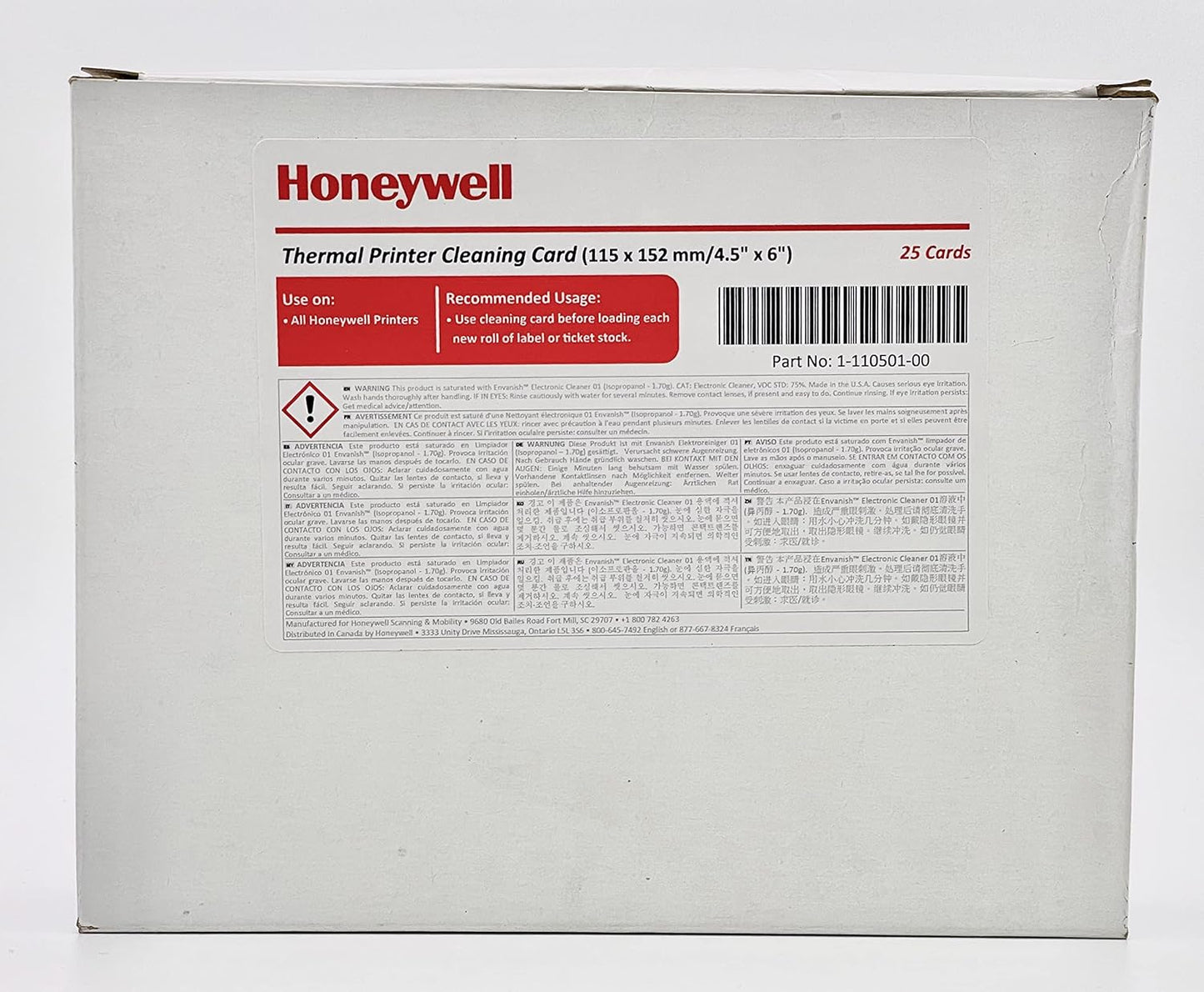 TARJETA DE LIMPIEZA 115X152 HONEYWELL THERMAL PRINTER CLEANING CARD 1-110501-00