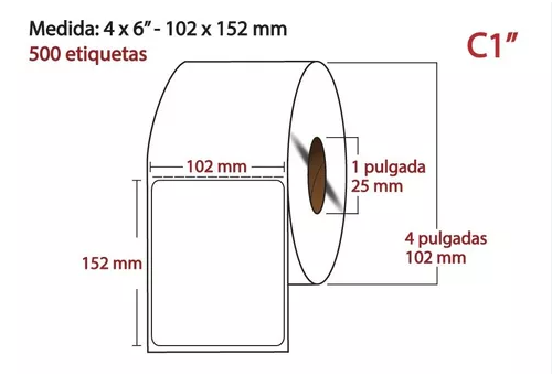 Etiqueta blanca Térmica Directa, 102X152, 500 piezas x rollo CENTRO 1PLG