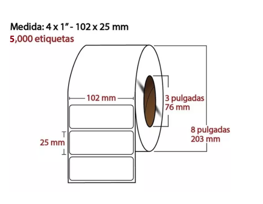 Etiqueta Transferencia Térmica, 102X25, 5000 piezas x rollo