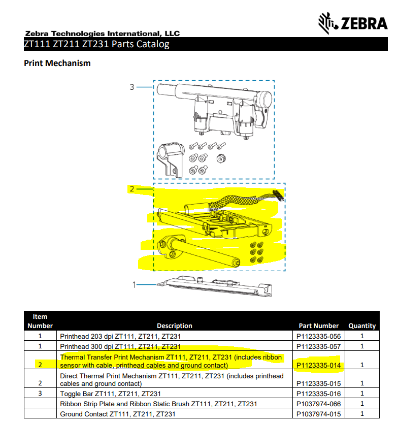 Thermal Transfer Print Mechanism ZT111, ZT211, ZT231 P1123335-014