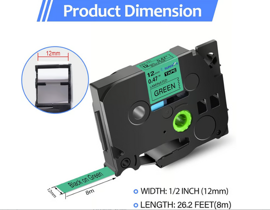 1PZS Cinta VERDE TZE-731 TZe compatible con Brother P Touch Label Maker Tape 12mm 0.47'' Cinta de etiquetas laminada negra sobre VERDE para PT D200 D210 D220 D400 PTH110