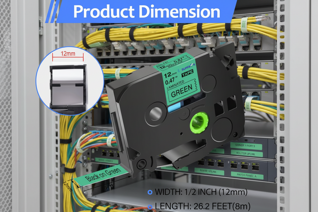 1PZS Cinta VERDE TZE-731 TZe compatible con Brother P Touch Label Maker Tape 12mm 0.47'' Cinta de etiquetas laminada negra sobre VERDE para PT D200 D210 D220 D400 PTH110