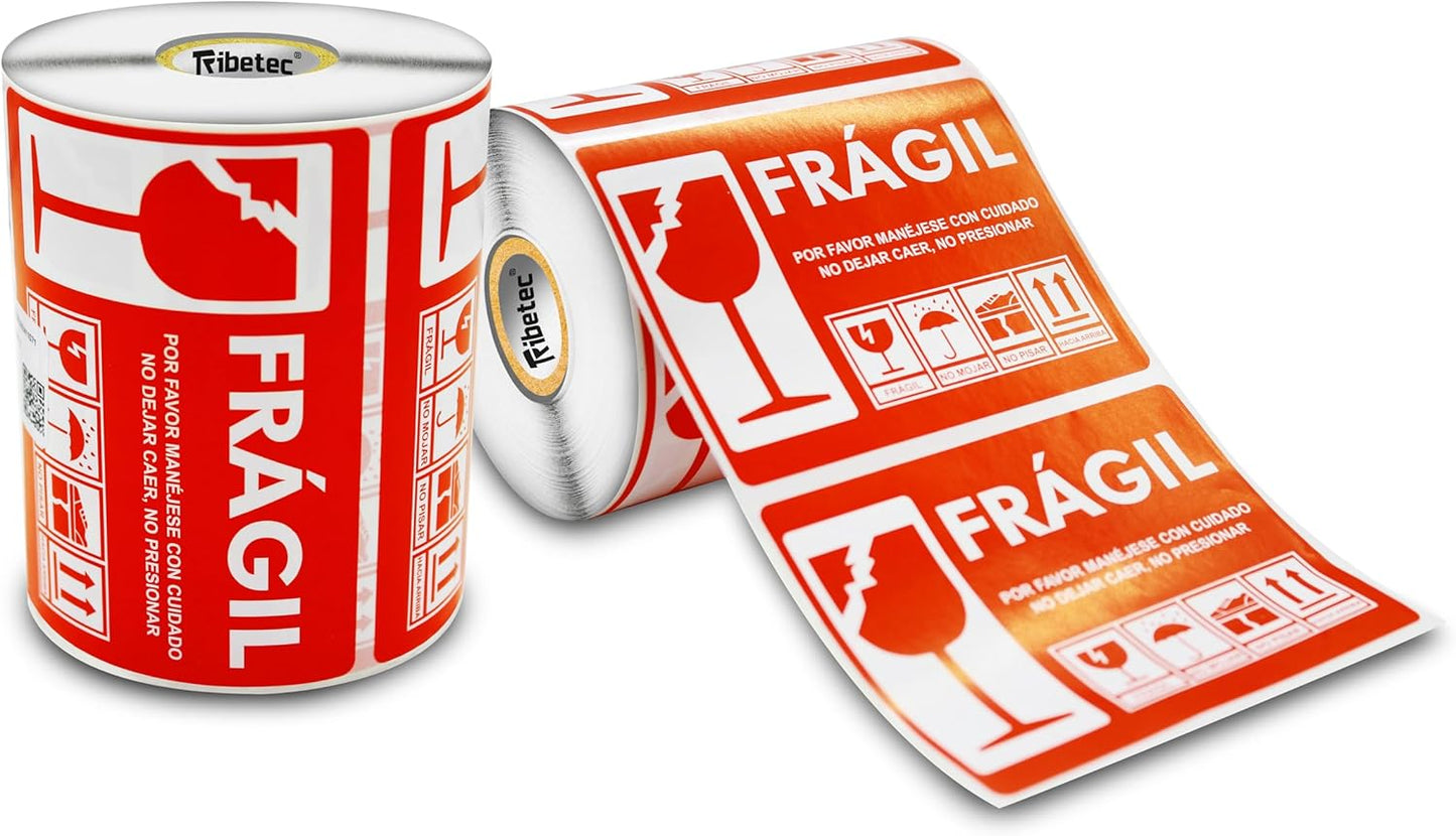 500 Etiquetas Fragil de Cuidado Autoadherible (102x76 mm), Diferentes leyendas en la etiqueta, Rollo C/ 500 Etiquetas