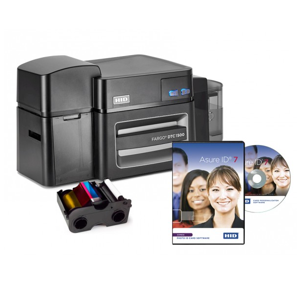 HID DTC1500 Impresora de Credenciales Dual, Sublimación, 300 x 300 DPI, USB 2.0, Negro Incluye 1 Cinta YMCKOK (500 Imágenes) + Software Asure ID Express, 500 credenciales en blanco
