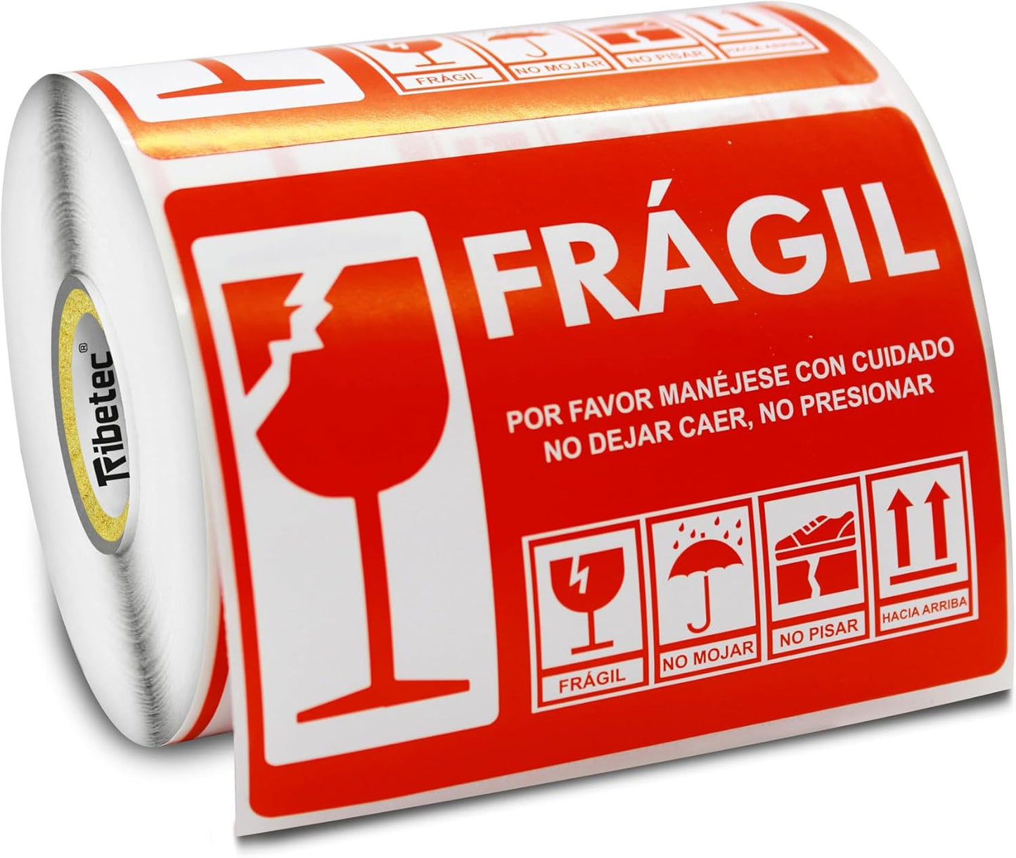 500 Etiquetas Fragil de Cuidado Autoadherible (102x76 mm), Diferentes leyendas en la etiqueta, Rollo C/ 500 Etiquetas